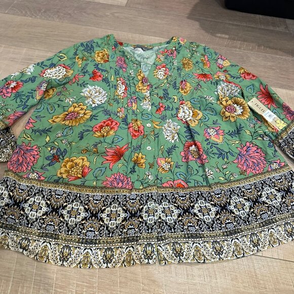 Figueroa & Flower Womens Floral Green Peasant Top With Border Detail Large new - Picture 2 of 8